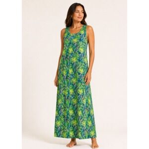 Lands End Petite Maxi Dress MP Medium Green Tropical Palm Leaf Cotton Pockets
